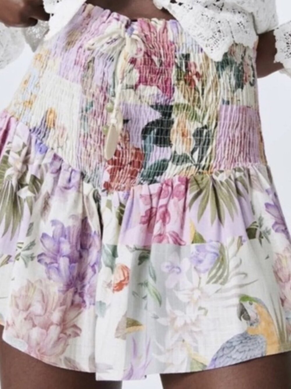 Zara Multicolored Tropical Floral Smocked High Waist Shorts Size S